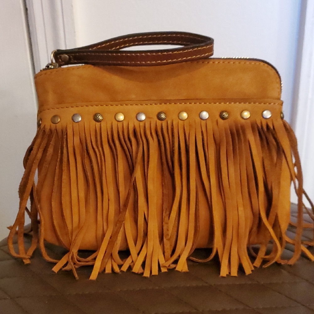 [Never Used] Patricia Nash Tan Suede Leather Fringe  Purse With Studded Accents